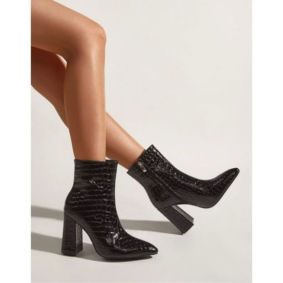 SHEIN Shoes - Side Zip Croc Embossed Chunky Heeled Boots